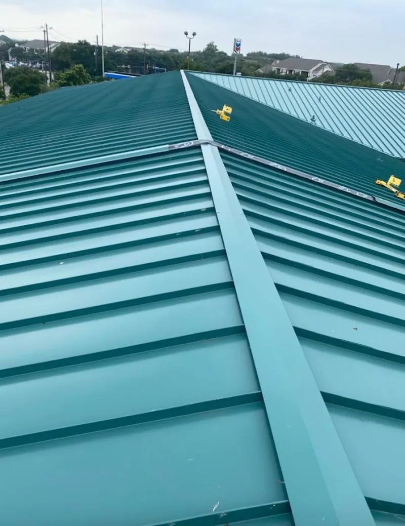 Green commercial metal roof ridge and valley for Metal Roof Repair in East Hemet